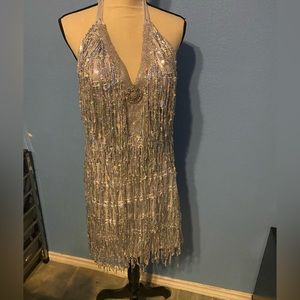 Silver Sequin Fringe Halter Dress - Disco Costume
